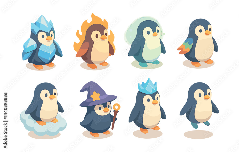 Fototapeta premium Fantasy penguin icons set – ice, fire, ghost, rainbow, cloud, wizard, crown, floating
