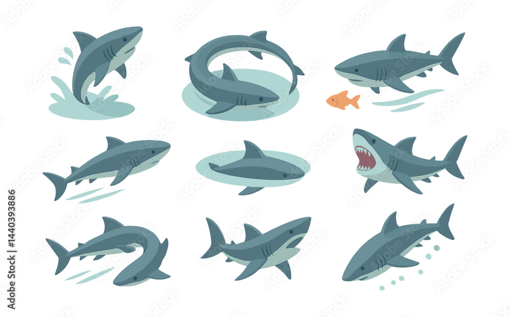 Fototapeta premium Shark icons set – various poses, swimming, hunting, jumping, jaws