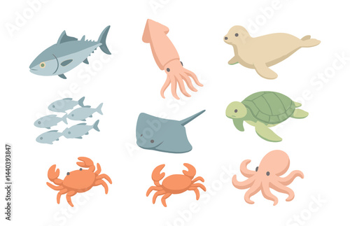 Marine animal icons set – fish, squid, seal, turtle, stingray, crab, octopus