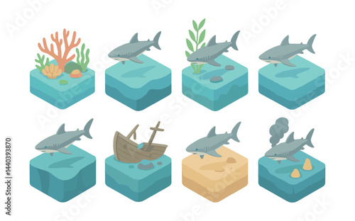 Marine life and shark icons set – coral, seaweed, wreck, ocean, predator