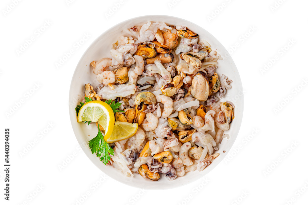 Seafood mix frut de mer mussels, shrimp, prawn, rapan, squid dish fresh gourmet food background on the table rustic food top view copy space keto  paleo diet vegetarian pescetarian diet