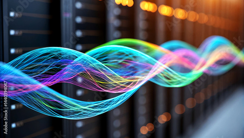Flowing Spectral Ribbons Feeding Vibrant AI Data Centers Visualizing Dynamic Interactions in High-Tech Environments from an Innovative Perspective