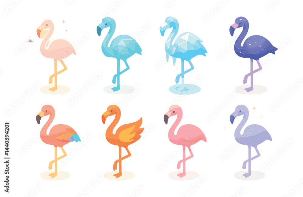 Fototapeta premium Flamingo icons set – pastel, geometric, cosmic, gradient, pink, nature, elegant, vibrant, tropical