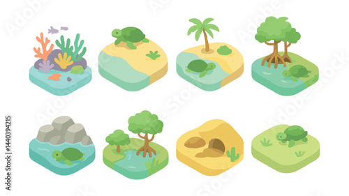 Tropical turtle habitat icons set – ocean, island, coral, palm, mangrove, rock, tree