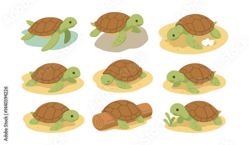 Sea turtle icons set – swimming, resting, beach, hatchling, sand, log, green, shell