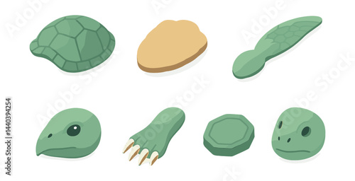 Turtle anatomy icons set – shell, head, flipper, claw, scale, tail