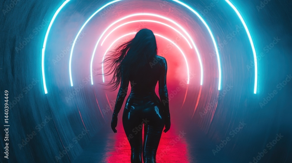 Woman walking through neon-lit tunnel at night Woman walking through neon-lit tunnel at night