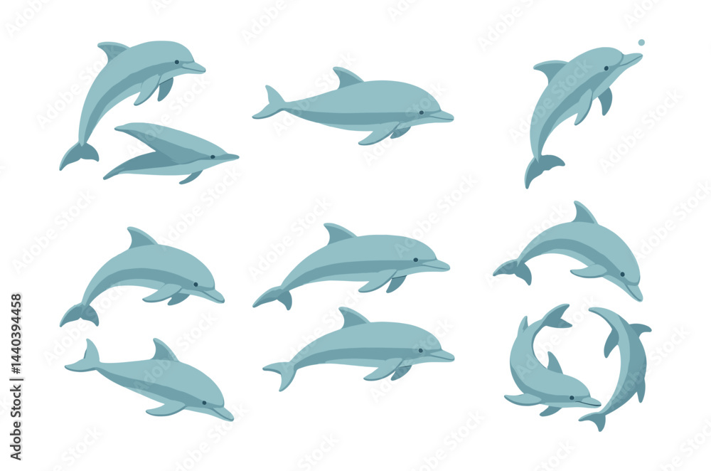 Fototapeta premium Dolphin icons set – playful, marine, jumping, swimming, ocean, sea, aquatic, wildlife, water, mammal
