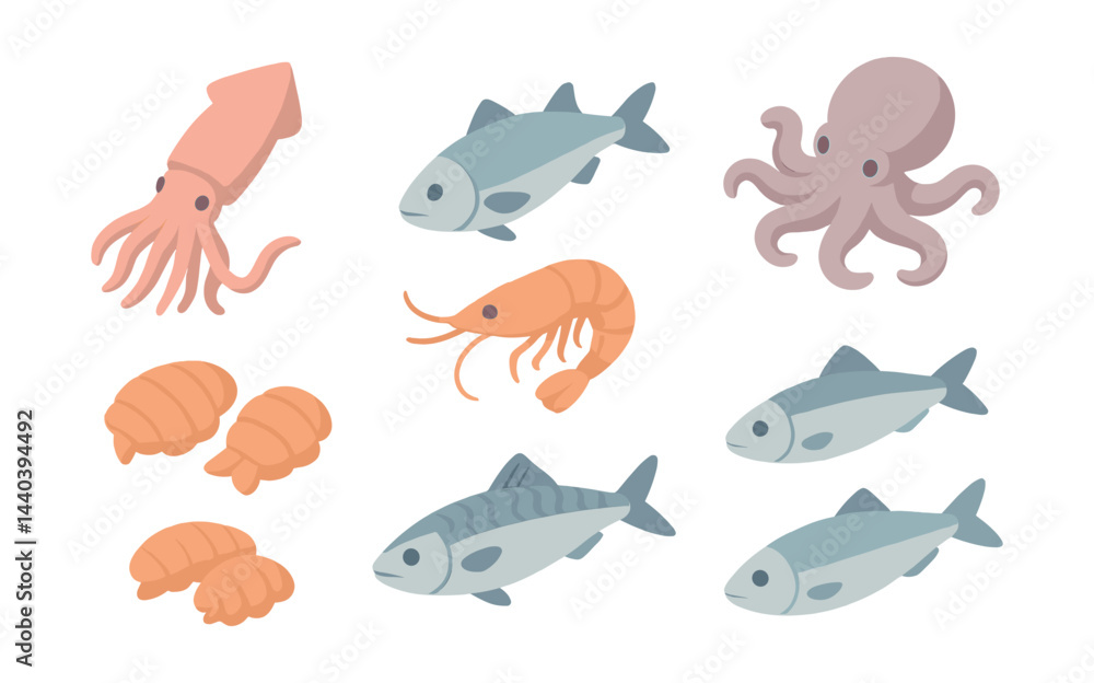 Seafood icons set – squid, fish, octopus, shrimp, crab Seafood icons set – squid, fish, octopus, shrimp, crab