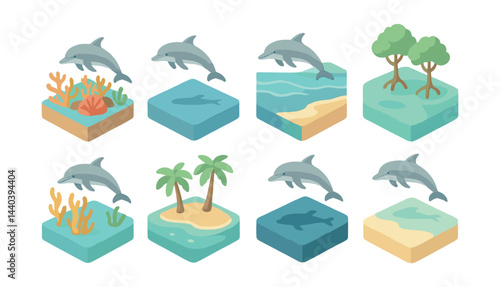 Marine environment icons set – dolphins, coral, trees, islands, water