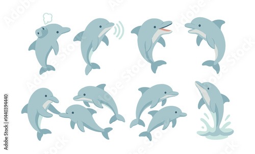 Dolphin behavior icons set – playful, jumping, communicating, interacting, swimming