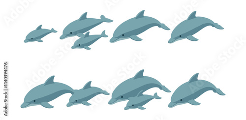 Dolphin themed icons set – aquatic, family, jumping, playful, wildlife, ocean, mammals