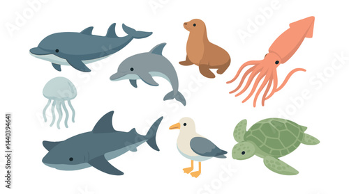 Marine life icons set – dolphin, shark, squid, turtle, jellyfish, seal, seagull