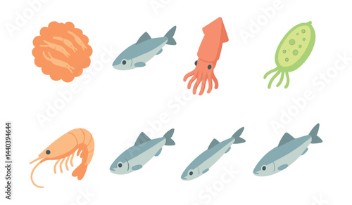 Aquatic life icons set – shrimp, fish, squid, plankton, seafood