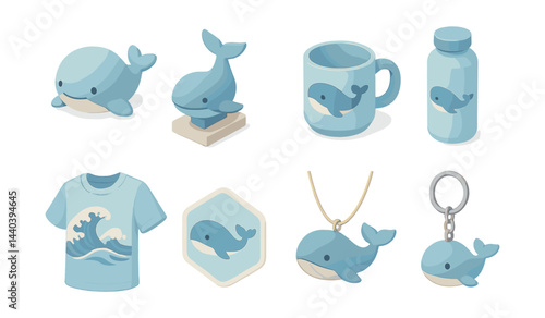 Ocean-themed merchandise icons set – whale, mug, t-shirt, keychain, necklace
