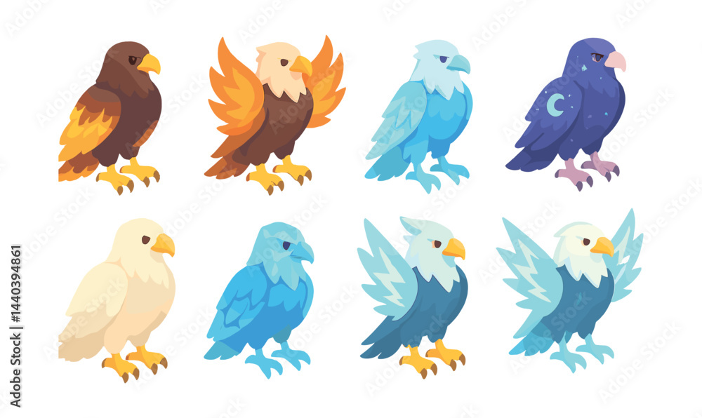 Obraz premium Colorful fantasy eagle icons set – fire, ice, night, storm, celestial, mythical birds