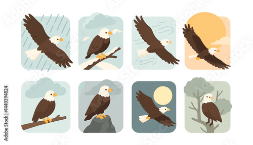 Eagle icons set – soaring, perched, flight, nature, wilderness, freedom, sky, majestic