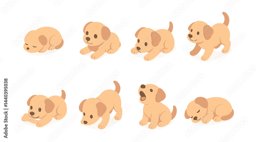 Cute puppy icons set – sleeping, playing, curious, chewing, yawning, sitting, stretching, tail wagging Cute puppy icons set – sleeping, playing, curious, chewing, yawning, sitting, stretching, tail wagging