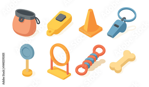 Dog training icons set – treat bag, clicker, cone, whistle, target, hoop, rope toy, bone