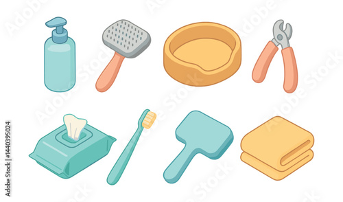 Pet care essentials icons set – brush, shampoo, clippers, wipes, toothbrush, towel, bowl