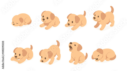 Cute puppy icons set – sleeping, playing, curious, chewing, yawning, sitting, stretching, tail wagging