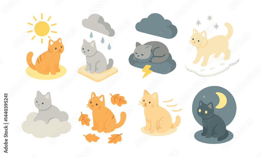 Fototapeta premium Weather-themed cat icons set – sun, rain, storm, snow, clouds, moon, leaves, lightning