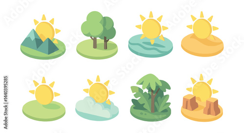 Nature and sun icons set – mountains, trees, ocean, desert, pasture, clouds, jungle, canyons