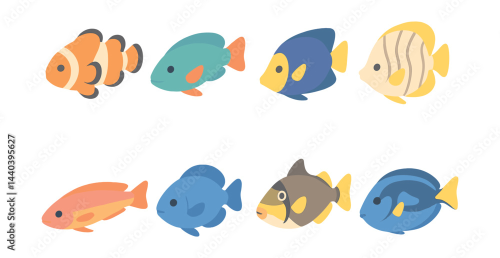 Cartoon fish icons set – clownfish, angelfish, butterflyfish, tang, aquarium Cartoon fish icons set – clownfish, angelfish, butterflyfish, tang, aquarium
