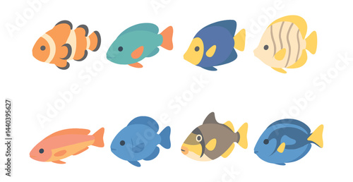 Cartoon fish icons set – clownfish, angelfish, butterflyfish, tang, aquarium