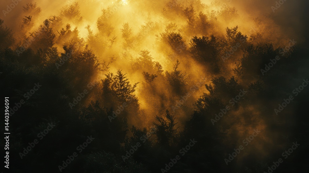Naklejka premium Golden Sunlight Penetrating Through Dense Forest Tree Foliage