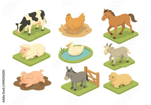 Farm animals icons set – cow, chicken, horse, sheep, duck, goat, pig, donkey, lamb