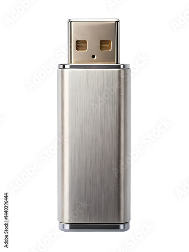 Sleek silver metal USB flash drive on a clean transparent background shows technology