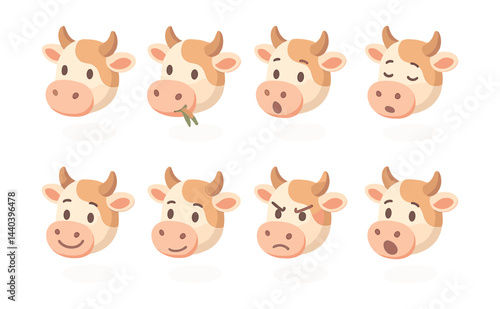 Cartoon cow emoji icons set – happy, angry, surprised, sad, chewing, smiling, blushing, sleepy
