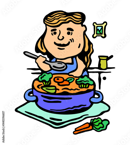 Color vector illustration of a girl in the kitchen with a large saucepan of soup on a white isolated background