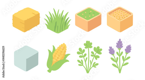 Farming and agriculture icons set – hay, grass, seeds, ice, corn, herbs, lavender
