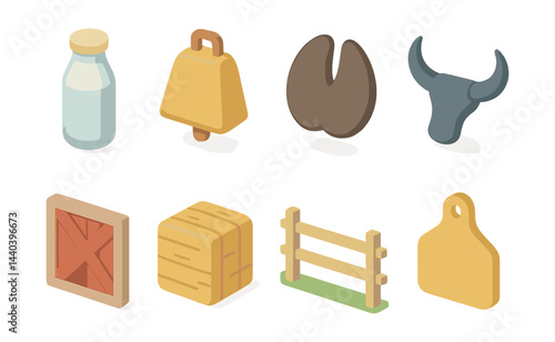 Farm equipment icons set – milk, bell, hoof, bull, barn, hay, fence, cutting board