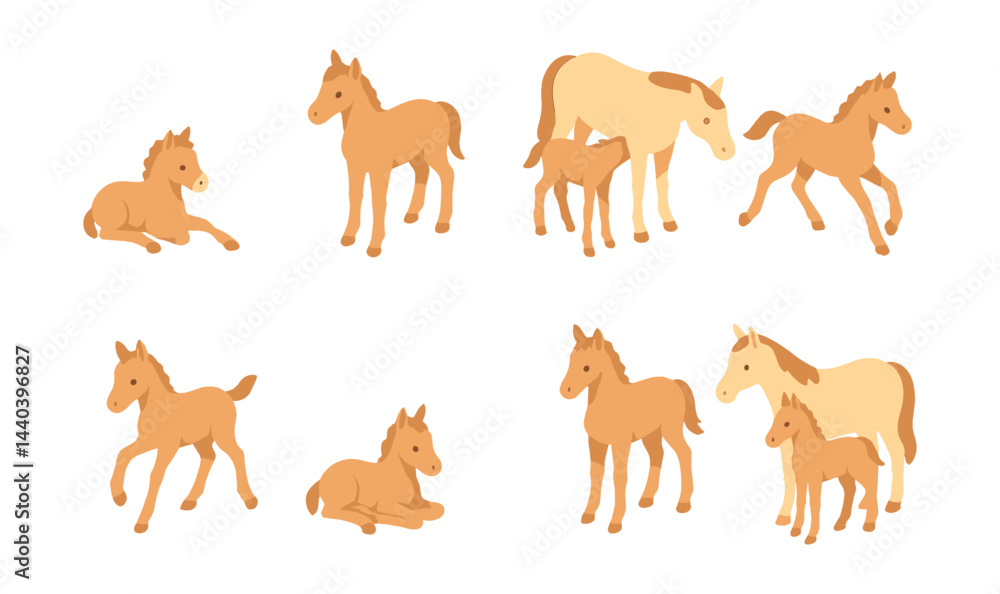 Foal icon set – walking, lying, standing, brown, beige, young, horses, group, playful, gentle Foal icon set – walking, lying, standing, brown, beige, young, horses, group, playful, gentle