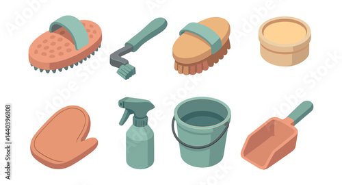 Cleaning tool icons set – brush, scrubber, bucket, spray, mitt, shovel, detergent