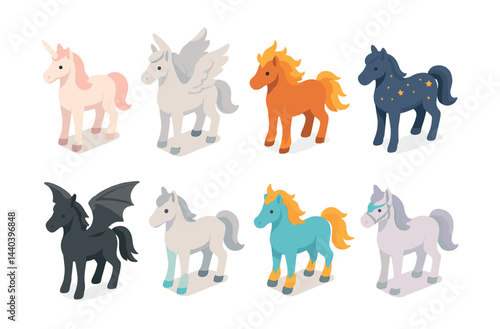Magical horse icons set – unicorn, pegasus, fire, stars, dragon, colorful variants