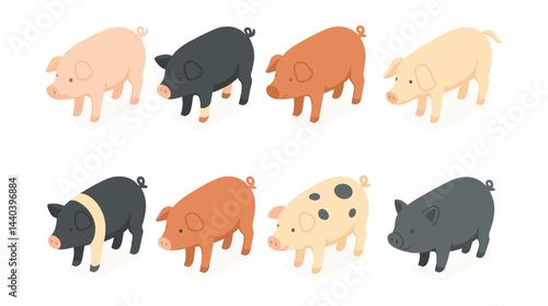 Cute farm animal icons set – pigs in various colors and patterns for agriculture designs