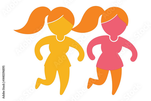 Clean vector art of two women jogging in a park at sunset, featuring a ponytail and short hair, with warm colors. Ideal for fitness, outdoor lifestyle, and wellness themes.