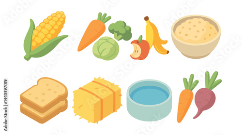 Healthy food icons set – corn, carrot, broccoli, banana, apple, cabbage, bread, water, porridge