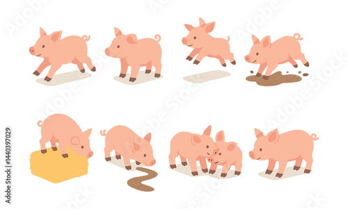 Pig activities icons set – playing, running, mud, hay, group, farm, cute