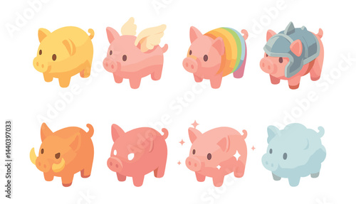 Adorable piggy icons set – fantasy themes and colorful designs