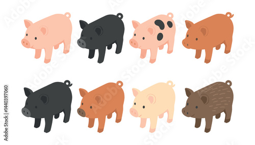Pig varieties icons set – diverse pig designs, farm animals, cute pigs, colorful piglets