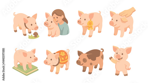 Adorable pig icon set – farm, animals, petting, award, cute, playful, cartoon, hand, blanket