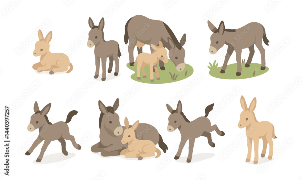 Adorable donkey icons set – foal, grazing, resting, playful, mother-foal, walking Adorable donkey icons set – foal, grazing, resting, playful, mother-foal, walking