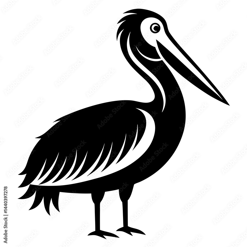 Fototapeta premium Pelican silhouette in black and white illustration, vector style bird design