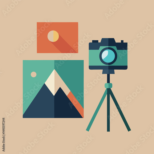 A black digital camera with a lens sits on a wooden background, supported by a metal tripod, isolated studio photography equipment