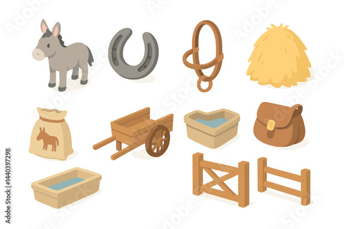 Farming essentials icons set – donkey, horseshoe, haystack, cart, gate, saddle